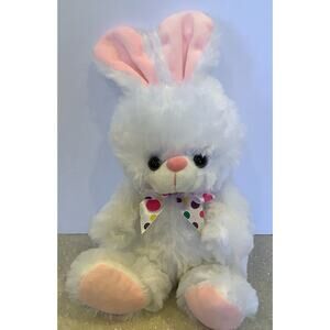 MEGA TOYS WHITE PINK BUNNY RABBIT PLUSH STUFFED ANIMAL POLKA DOT RIBBON TOY 12”